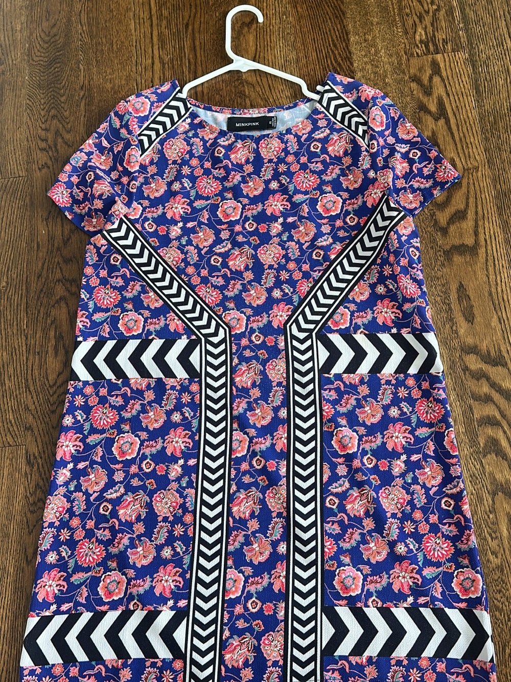 MINKPINK Blue Floral Mini Dress with Pink Print and Black-White Chevron Trim